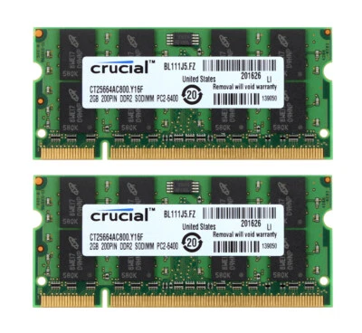 Crucial 4 G 4GB 2X 2GB 2 G DDR2-800MHz PC2-6400S SODIMM Laptop Memory RAM PC6400 - Image 1 of 4