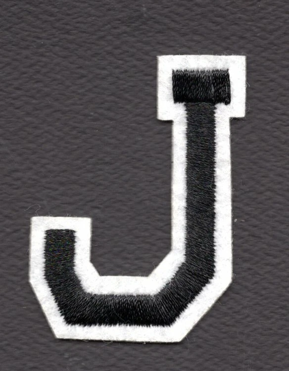LETTERS -  2" Black & White Letter  "J" - Iron On Embroidered  Applique - Image 1 of 1