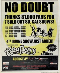 2009 No Doubt, Katy Perry Concert Print Ad Flyer - Picture 1 of 2