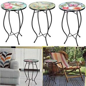 Iron/Glass Round Side Coffee Patio Table Mosaic Design Garden Flower Plant Stand