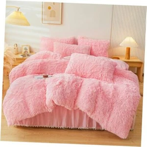 Fluffy Faux Fur Comforter Cover Set,Fluffy Fuzzy Plush Bedding 3Pcs Queen Pink - Picture 1 of 7