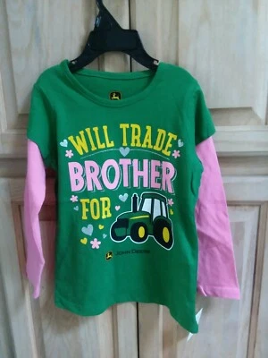John Deere girls WILL TRADE BROTHER FOR TRACTOR Long Sleeve Tshirt top size 4 - Image 1 of 2