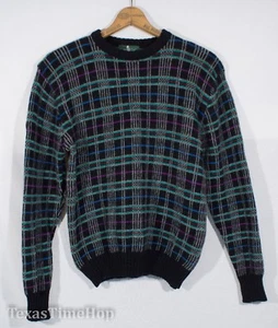 Vintage Wool Sweater 1980's Crewneck Pullover Jumper 3-D Plaid Textured Knit Rad - Picture 1 of 7