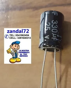 5 PEZZI CONDENSATORI ELETTROLITICI VERTICALI 330uF 25V VOLT 105° 8x12 PASSO 3mm - Imagen 1 de 6