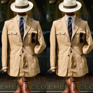 Linen Men's Safari Jacket Outdoor Beige Hosting Daily Suit Workwear Travel - Picture 1 of 7