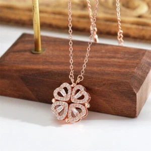 Rose Gold Four Leaf Clover Magnetic Folding Heart Crystal Pendant Necklace - Picture 1 of 8