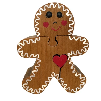 Винтажный ручной работы коренастый деревянный пряник головоломка вырез 3 изделия Рождественский декор - Изображение 1 из 4