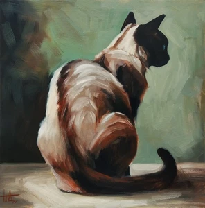 Pintura al óleo original gato tailandés sentado 10x10 pulgadas firmada por el artista - Imagen 1 de 8