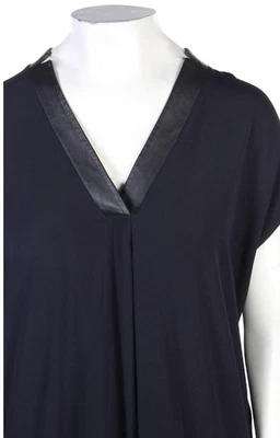 Vestido recto Vince para mujer XL azul marino viscosa cuello en V negro cuero ribete bolsillos Foto 1 de 4