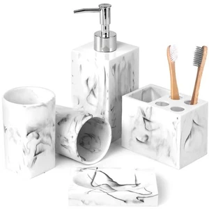 Bathroom Accessories Set 5 Pcs Marble Look Sets Soap Dispenser & Toothbrush - Picture 1 of 6