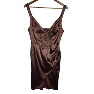 NEW Fashion Nova Satin Mini Dress Sz M Corset Top Adjustable Strap Stretch Brown - Picture 1 of 13