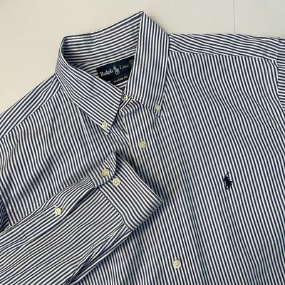 Camisa Ralph Lauren Para Hombres 16 34/35 Rayas Azul Marino Blanco Calce Clásico Poni Con Botones Foto 1 de 4