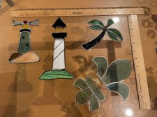 Lot Stained Glass Lighthouse Sun Catcher Palm Tree & Fleur-de-lis For Repair