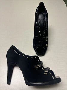 BCBGeneration 'Winona' black suede Leather peep toe bow Stiletto Shoe Size 10 - Picture 1 of 18