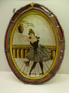 ANTIQUE VICTORIAN HAND PAINTED GLASS PANEL LEAD LIGHT LADY DANCER TAMBOURINE - Picture 1 of 14