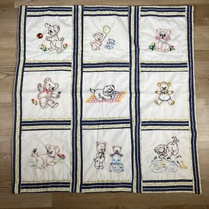 Vintage Handmade Needlepoint Cotton Baby Nursery White Blanket Puppies - Picture 1 of 7
