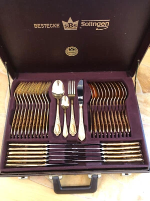 Besteckset SBS Solingen 70 T 12 Personen  Hart Vergoldet 23/24 Karat Koffer - Bild 1 von 3