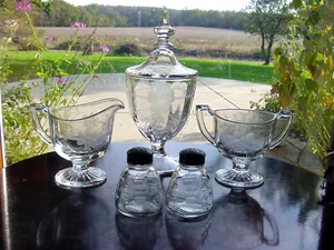 Heisey Etched Cut Glass Candy Compote Jar Sugar Bowl Creamer Salt &Pepper Shaker - Picture 1 of 11