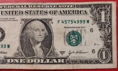 2003A Misaligned $1 One Dollar Bill Fancy Serial Number F45754999M - Image 1 of 4