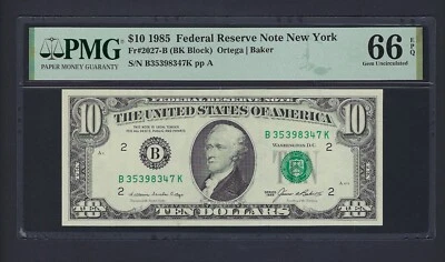 United States-Federal Reserve 10 Dollars 1985 Fr#2027-B (BK Block) UNC Grade 66 - Image 1 of 2