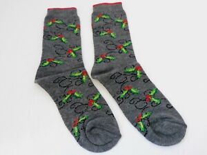 Christmas Socks Holly Sprigs Gray Red Green One Pair Ladies Holiday Accessory