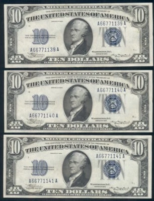 $10.00 Silver Certificate Mules (#587), 1934, Fr. #1701m, 3 Cons. Notes, Ch. UNC - Image 1 of 2