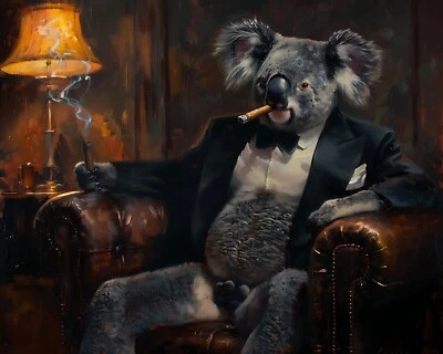 8x10 Matte Print: Dapper Koala Smokes Cigar in Dark Lounge - Image 1 of 4