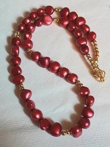 COLLANA PERLE BAROCCHE ROSSE 8-11MM VERE PERLE D'ACQUA DOLCE E PERLINE ORO 23K - Foto 1 di 15