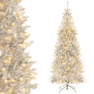 6' Pre-lit Artificial Silver Tinsel Xmas Tree w/ 790 Branch Tips 300 LED Lights - Picture 1 of 11