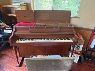 kimball self playing piano with music sheets and bench seat. Good condition.  - Image 1 of 4