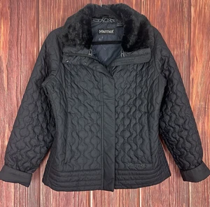 Giacca trapuntata Marmot nera full zip collo pelliccia sintetica donna taglia large L - Foto 1 di 6
