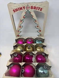 Shiny Brite Vintage Box 12 Assorted Colors Glass Christmas Tree Ornaments USA - Bild 1 von 8