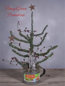 Primitive Early Tin Cup With Faux Christmas Tree Tiny Tim Ribbon Candy - Picture 1 of 4