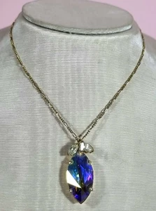 Vintage Mid Century Modern Gold Tone AB Rivoli Crystal Pendant Necklace - Bild 1 von 7