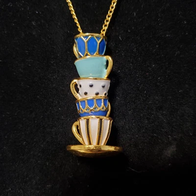 Чайная чашка ожерелье серьги причудливый золотой цепи эмали сложены синий черный - Изображение 1 из 4