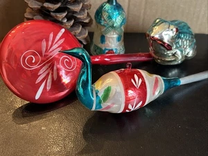 Vintage Glass Christmas Ornament Lot~4pc Lollipop Bird Spun Tail Frog Windmill - Picture 1 of 10