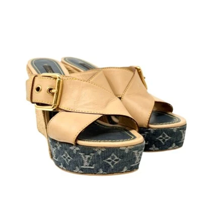 Sandalias LOUIS VUITTON Vintage LV Logo Monograma #36-36.5 Beige Azul Cinturón Cuero Foto 1 de 4