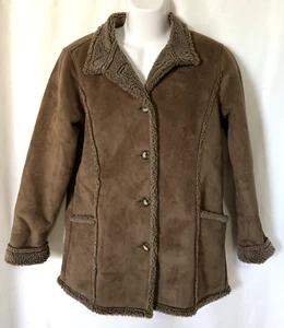 LL Bean Coat Jacket Women Size S Brown Faux Suede Sherpa Shearling Lined Pockets - Picture 1 of 8