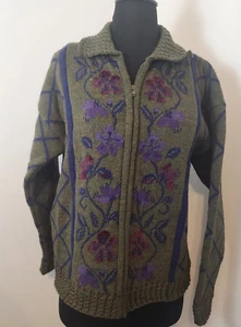 Vtg Cherry Lewis Wool England Floral Full Zip Cardigan Sweater Womens Medium - Picture 1 of 13