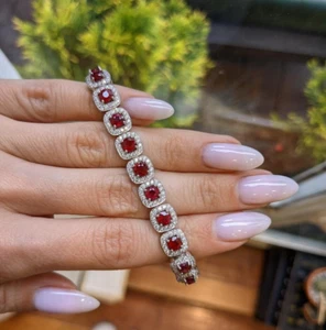 15Ct Created Red Ruby Halo Tennis Wedding Women's Bracelet 14K White Gold Finish - Picture 1 of 4