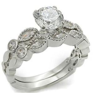1.1ct Round Cut CZ Womens Rhodium Plated Wedding Engagement Ring SET