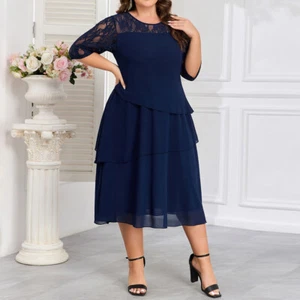 Plus Size Women Chiffon Lace Sleeve Asymmetrical 3/4 Sleeve Midi Dress Ball Gown - Picture 1 of 20