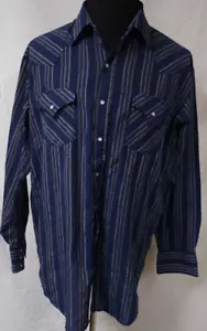 Plains Western Wear Tall Man XLT Dark Blue Striped Pearl Snap Long Sleeve Shirt - Picture 1 of 10