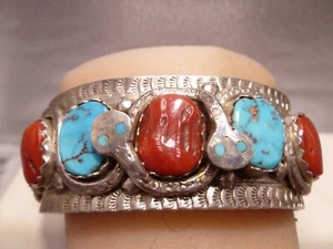 Native Effie C Zuni Coral Turquoise rattle Snake Sterling Silver Cuff Bracelet - Picture 1 of 15
