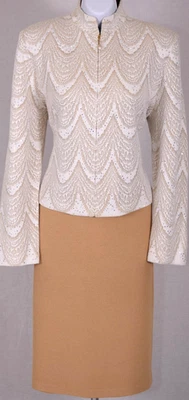 ST.JOHN Womens Tan Gold Cream Sequins Studs Rhinestone Pearl Jacket Skirt Sz 14 - Image 1 of 4