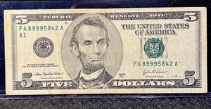 2003 A $5 dollar bill, US Federal Reserve NOTE / FA89995842A / A1 / Triple 9’s - Picture 1 of 20