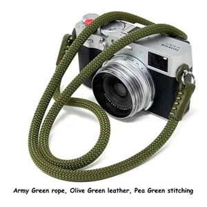 "CORDY SLIM" Premium Army Green Rope & Leather Camera Neck Strap - Handmade - Picture 1 of 5