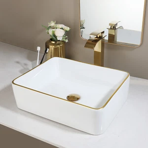 Bathroom Ceramic Vessel Basin Sinks Bowl Waste Pop-up Drain With Golden Taps - Picture 1 of 7