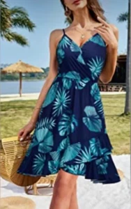 Women's V-Neck Spaghetti Strap Mini Dress Size M - Blue Tropical Print NWT - Picture 1 of 8