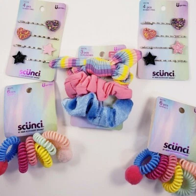 23 Piece Kids Scunci Lot: Scrunchies, Glitter Bobby Pins, Spirals Bright Colors - Image 1 of 4